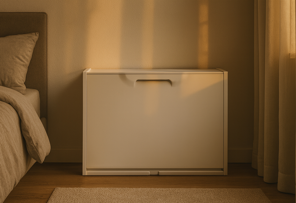 Απεικονίζεται η παπουτσοθήκη σε ένα υπνοδωμάτιο.